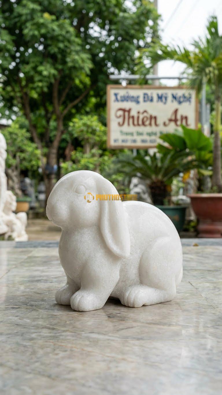 Thỏ Tai Cụp (Lop-Eared) Bằng Đá Trắng Muối, Kiểu Dáng Dáng Tròn, Tai Rủ Xuống Đất. Kích Thước Dài 20cm.