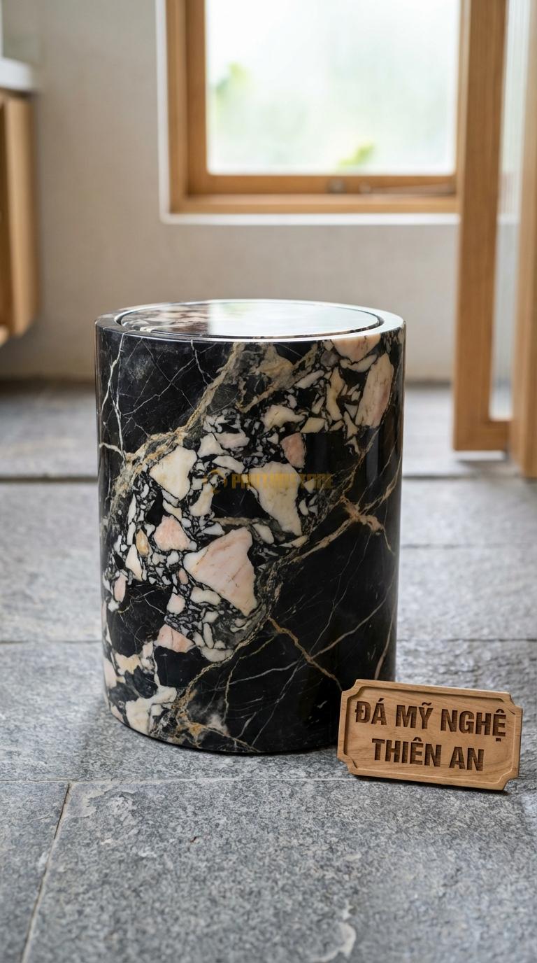 Thùng Rác Đá Da Báo Trụ Tròn Luxury Mài Bóng Gương, Nắp Lật Xoay 360 Độ Đường Kính 22cm x H30cm