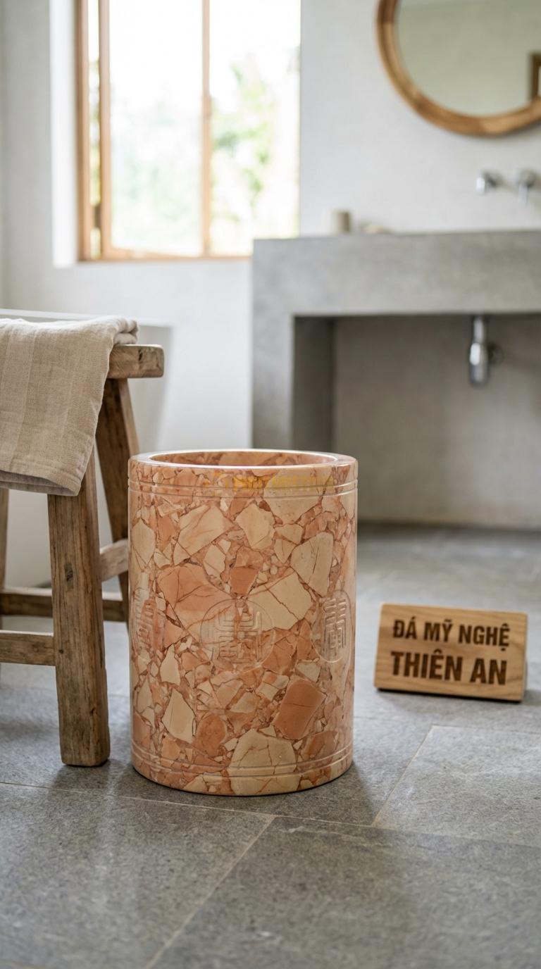 Thùng Rác Đá Hồng Chạm Triện Cổ Hoa Văn Triện Chữ Vạn Quanh Thân 20cm x 20cm x H30cm