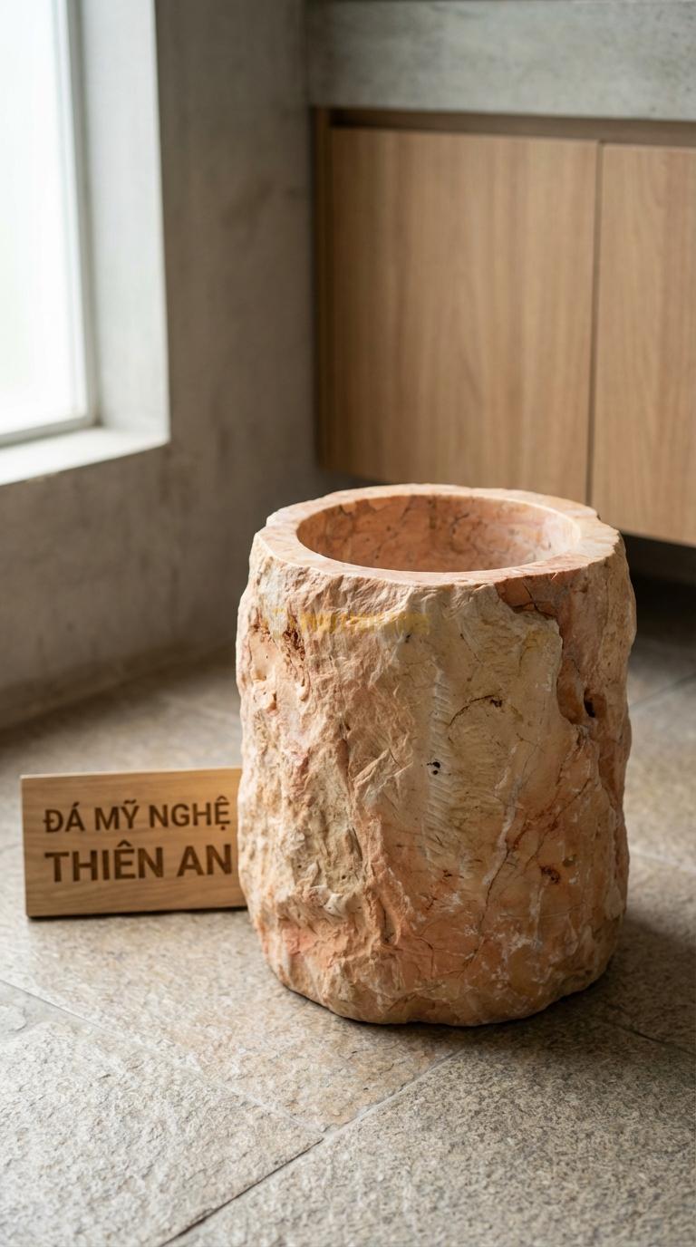 Thùng Rác Đá Hồng Đá Cuội Khoét Rỗng Từ Khối Đá Tự Nhiên, Mặt Ngoài Thô Ngẫu Nhiên ~Đường Kính 25cm x H30cm