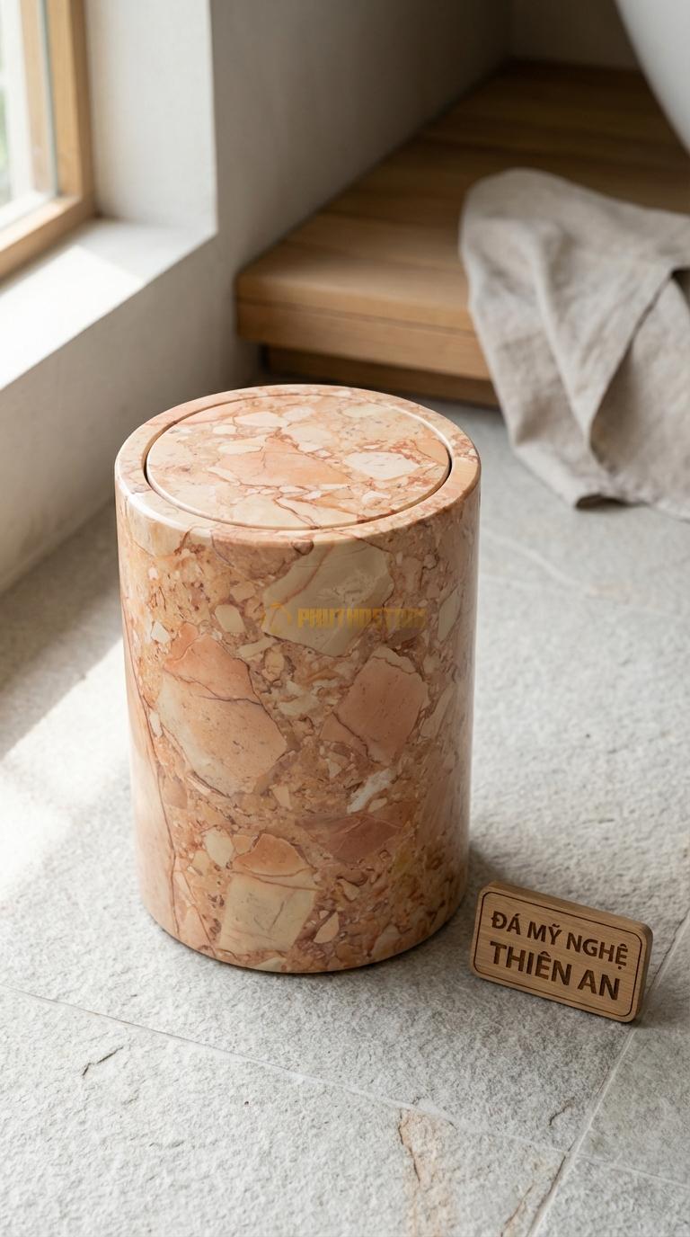 Thùng Rác Đá Hồng Nắp Đá Bập Bênh Toàn Bộ Bằng Đá Kể Cả Nắp, Mài Mịn 21cm x 21cm x H30cm