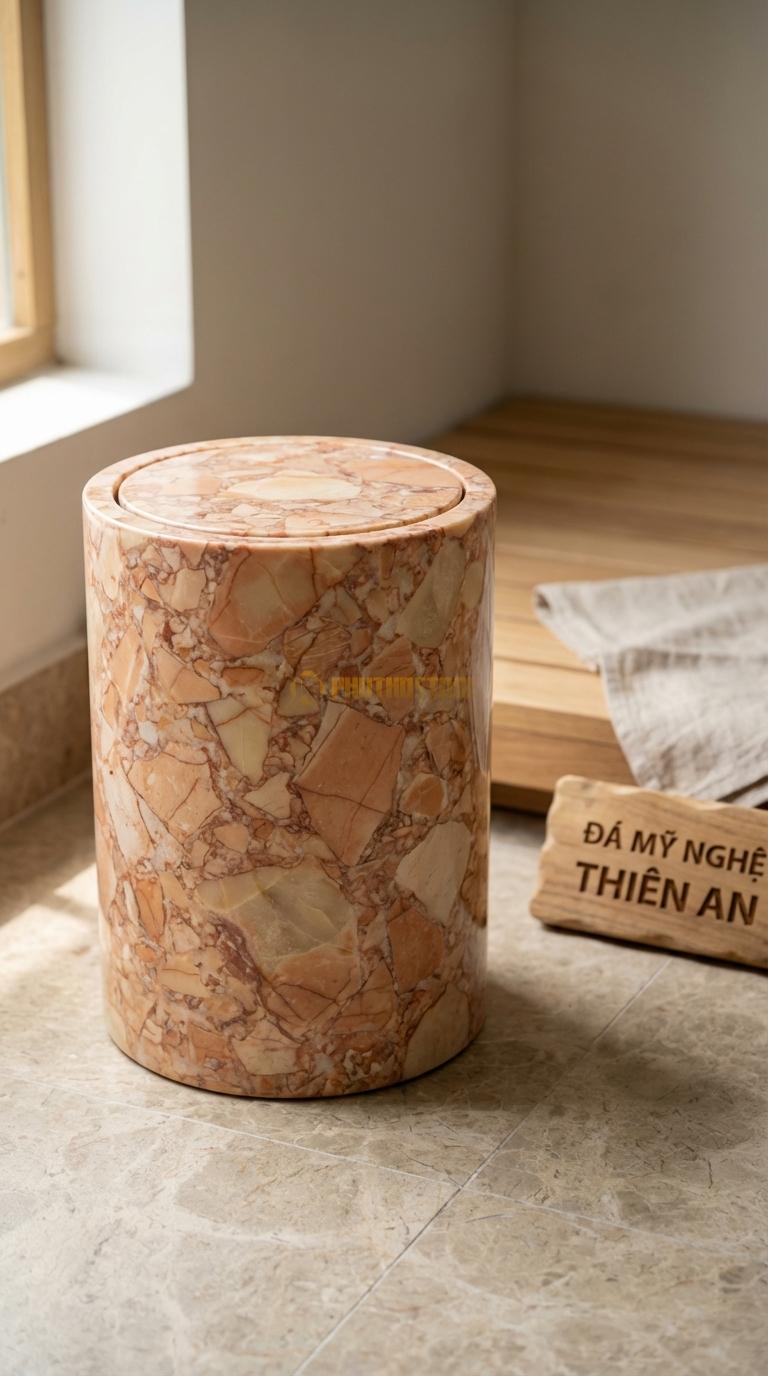 Thùng Rác Đá Hồng Trụ Tròn Luxury Mài Bóng Gương, Nắp Lật Xoay 360 Độ Đường Kính 22cm x H30cm