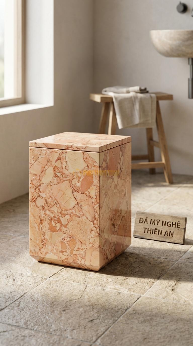 Thùng Rác Đá Hồng Vuông Tối Giản Cạnh Vuông Ốp Phào Chỉ Nhẹ Ở Chân 20cm x 20cm x H32cm