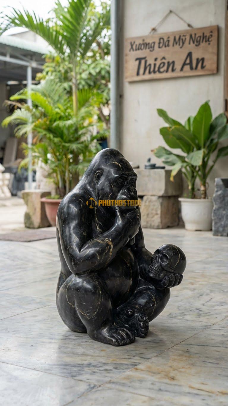 Tinh Tinh Cầm Sọ (Hamlet) Bằng Đá Đen Chỉ Nâu, Kiểu Dáng Nghệ Thuật. Kích Thước Cao 30cm.