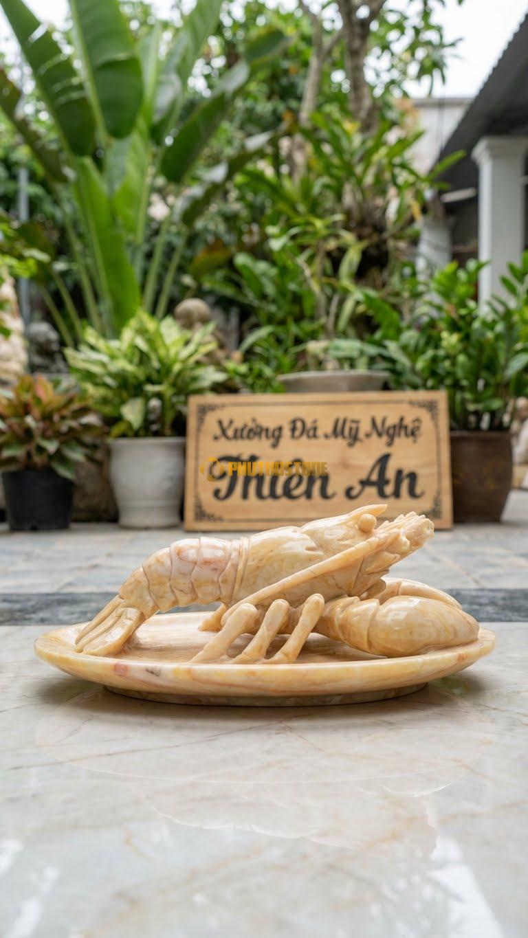 Tôm Hùm Trên Đĩa Bằng Đá Vàng Nghệ An, Kiểu Dáng Trang Trí Nhà Hàng Hải Sản. Kích Thước Dài 30cm.