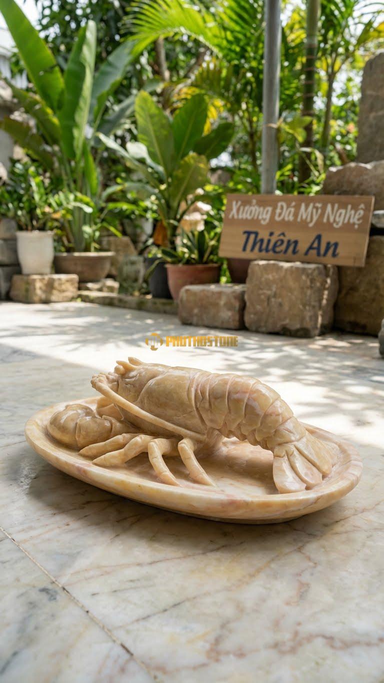 Tôm Hùm Trên Đĩa Bằng Đá Vàng Nghệ An, Kiểu Dáng Trang Trí Nhà Hàng Hải Sản. Kích Thước Dài 30cm.