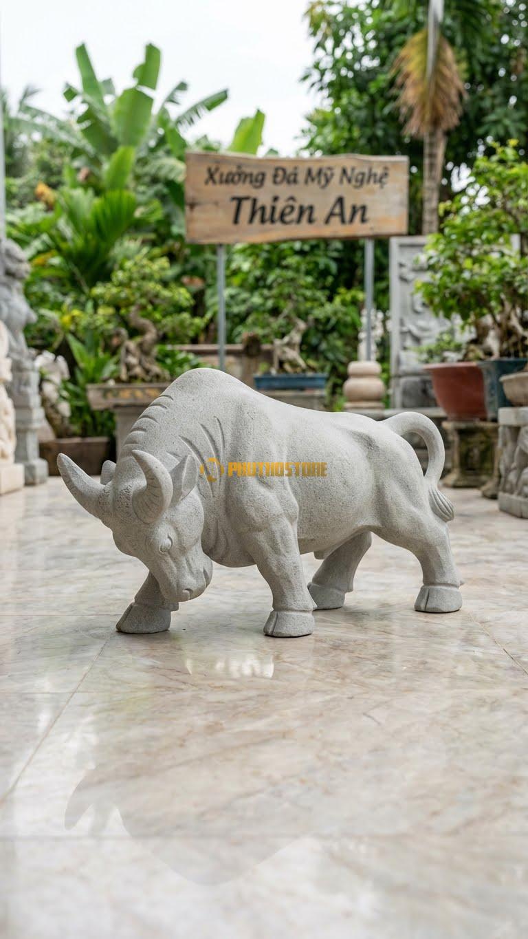 Trâu Chọi (Đấu Ngưu) Bằng Đá Sa Thạch, Kiểu Dáng Dáng Húc Đầu Mạnh Mẽ. Kích Thước Dài 40cm.
