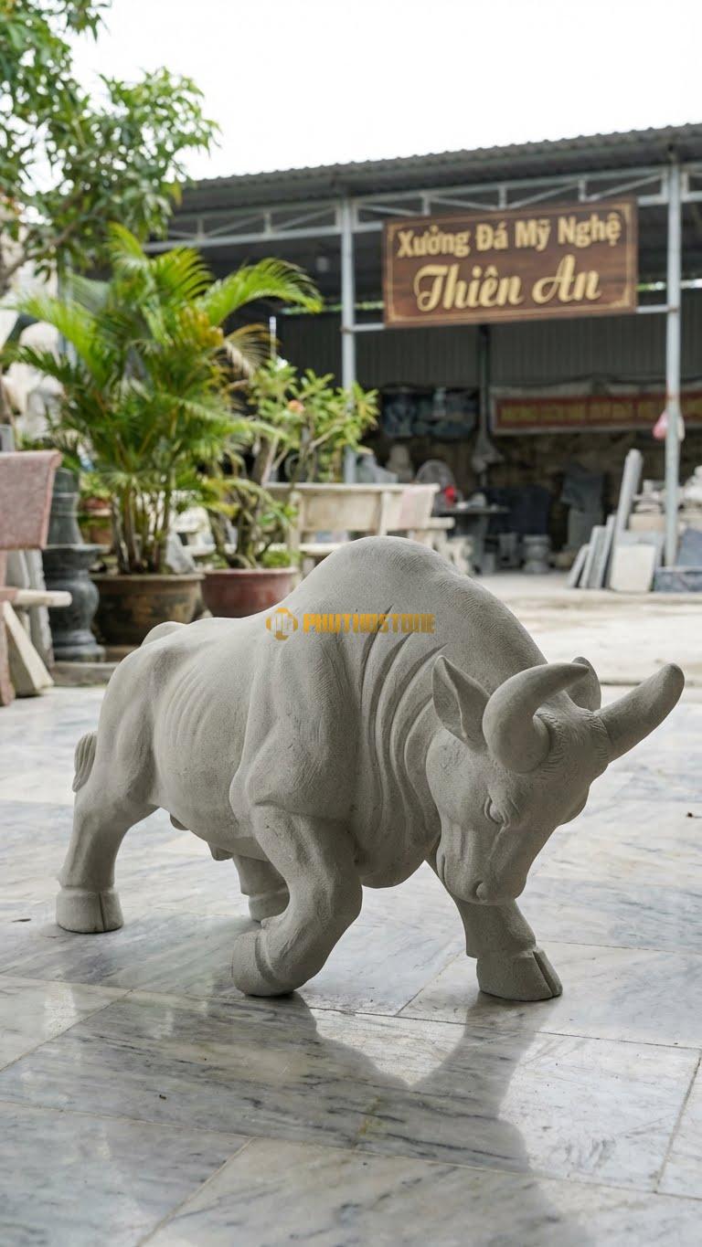 Trâu Chọi (Đấu Ngưu) Bằng Đá Sa Thạch, Kiểu Dáng Dáng Húc Đầu Mạnh Mẽ. Kích Thước Dài 40cm.