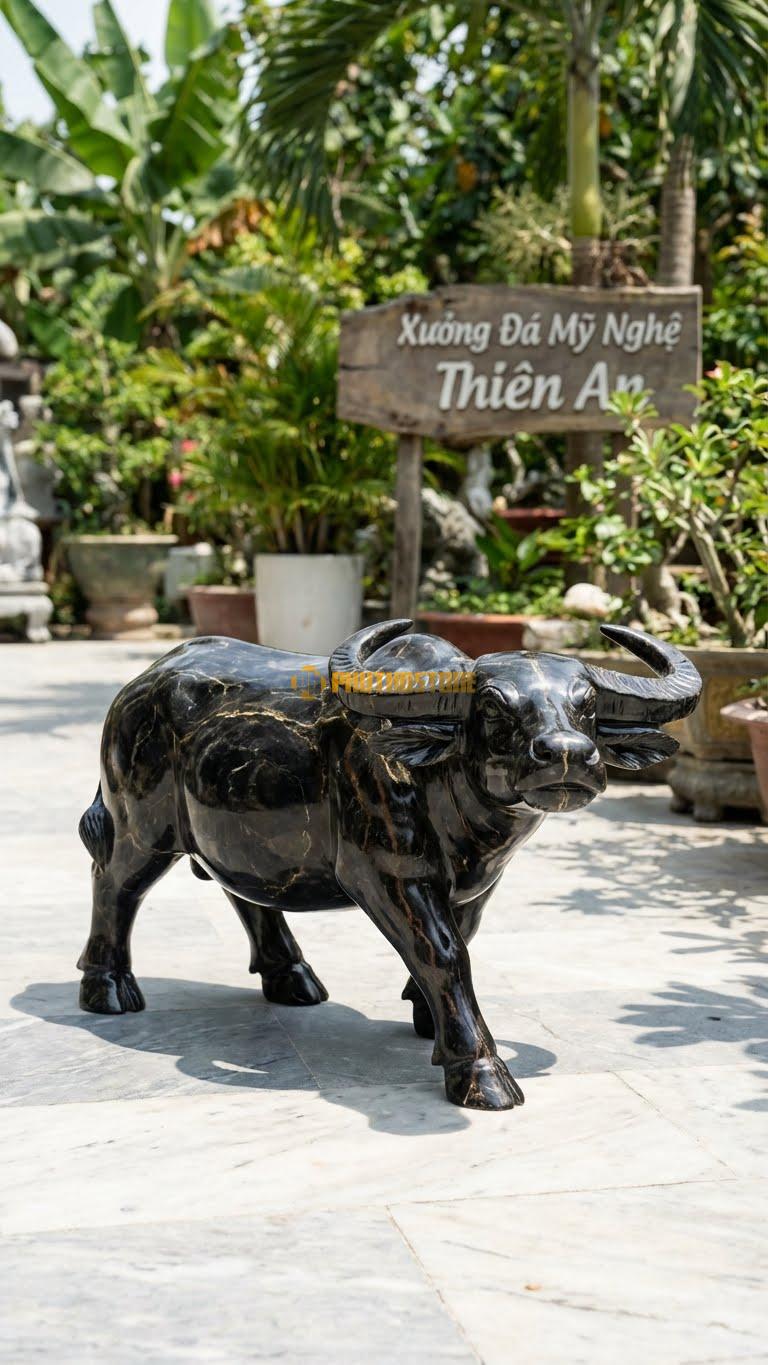 Trâu Rừng (Sừng Lớn) Bằng Đá Đen Chỉ Nâu, Kiểu Dáng Cơ Bắp Cuồn Cuộn, Sừng Cong Vút. Kích Thước Dài 50cm.