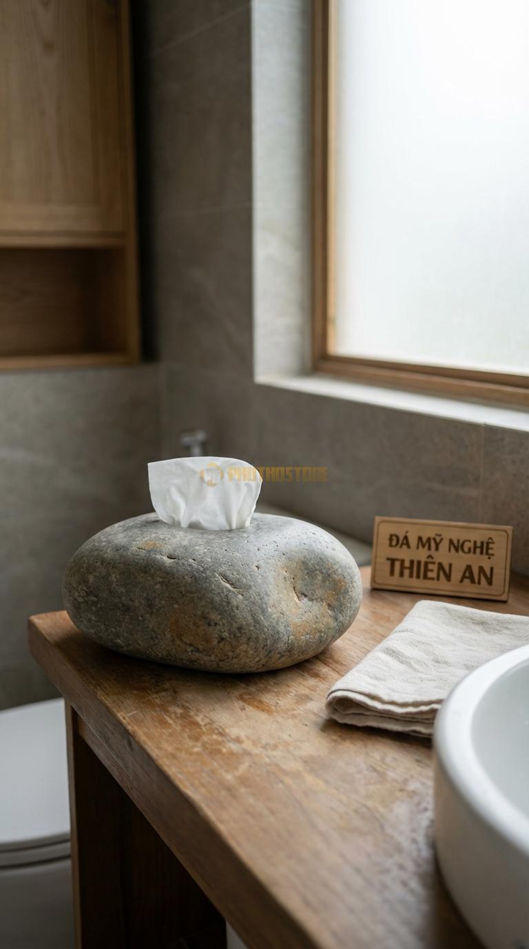 Trụ Giấy Đá Cuội Đứng Đặt Sàn Đế Đá Nặng, Trụ Inox Hoặc Đá Gắn Liền Đế Ø15cm x Cao 45cm
