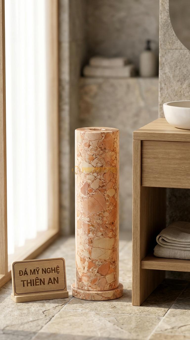 Trụ Giấy Đá Hồng Đứng Đặt Sàn Đế Đá Nặng, Trụ Inox Hoặc Đá Gắn Liền Đế Ø15cm x Cao 45cm