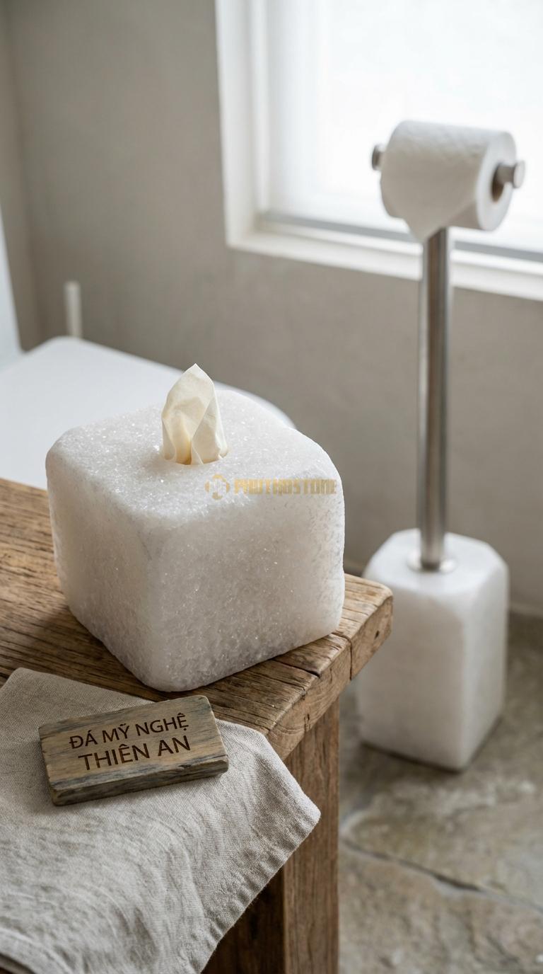Trụ Giấy Đá Trắng Muối Đứng Đặt Sàn Đế Đá Nặng, Trụ Inox Hoặc Đá Gắn Liền Đế Ø15cm x Cao 45cm