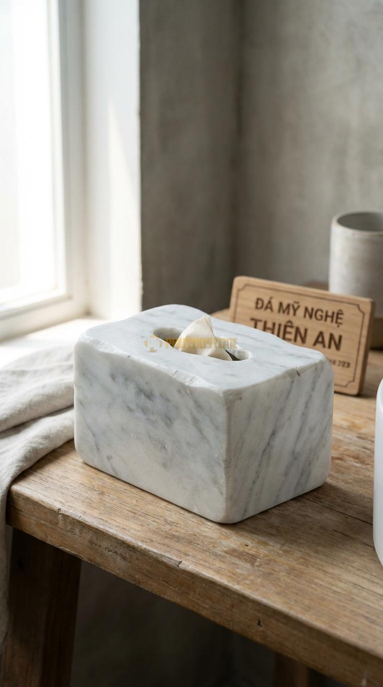 Trụ Giấy Đá Trắng Xanh Đứng Đặt Sàn Đế Đá Nặng, Trụ Inox Hoặc Đá Gắn Liền Đế Ø15cm x Cao 45cm