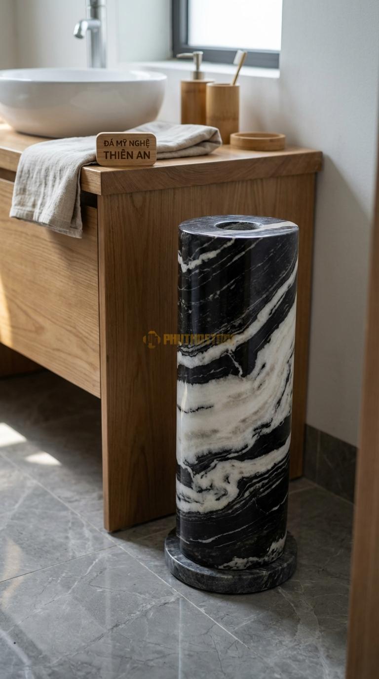 Trụ Giấy Đá Tuyết Sơn Đứng Đặt Sàn Đế Đá Nặng, Trụ Inox Hoặc Đá Gắn Liền Đế Ø15cm x Cao 45cm