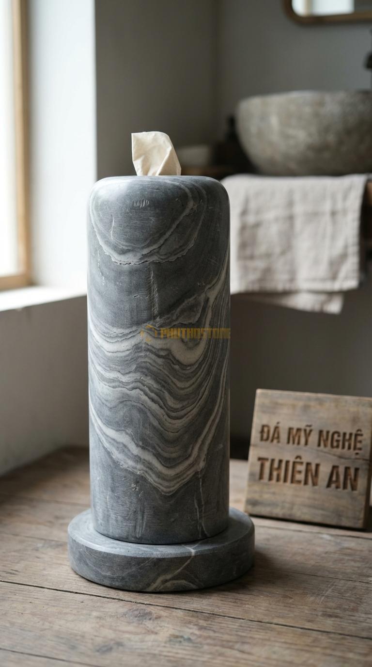 Trụ Giấy Đá Vân Mây Đứng Đặt Sàn Đế Đá Nặng, Trụ Inox Hoặc Đá Gắn Liền Đế Ø15cm x Cao 45cm