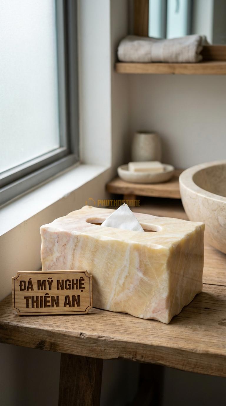 Trụ Giấy Đá Vàng Nghệ An Đứng Đặt Sàn Đế Đá Nặng, Trụ Inox Hoặc Đá Gắn Liền Đế Ø15cm x Cao 45cm