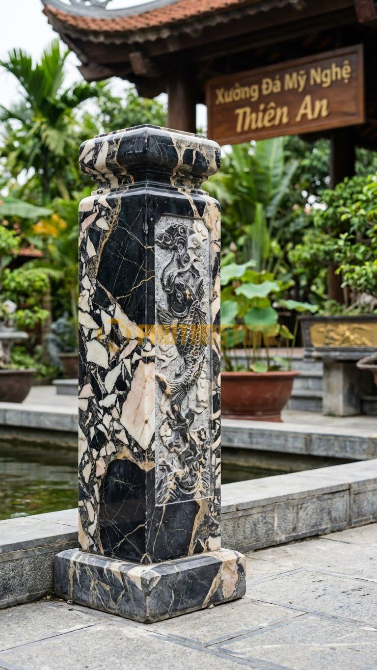 Trụ Lan Can Đá Da Báo Cá Chép Hóa Rồng: Hình Tượng Cá Chép Vươn Lên, Đặt Ở Góc Hồ, Kích Thước: 25X25X110Cm