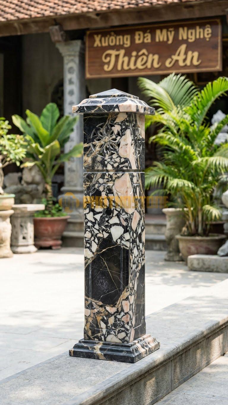 Trụ Lan Can Đá Da Báo Đèn Lục Lăng: Kiểu Dáng Đèn Lồng 6 Mặt Đục Lỗ Hoa Văn, Kích Thước: 25X25X110Cm