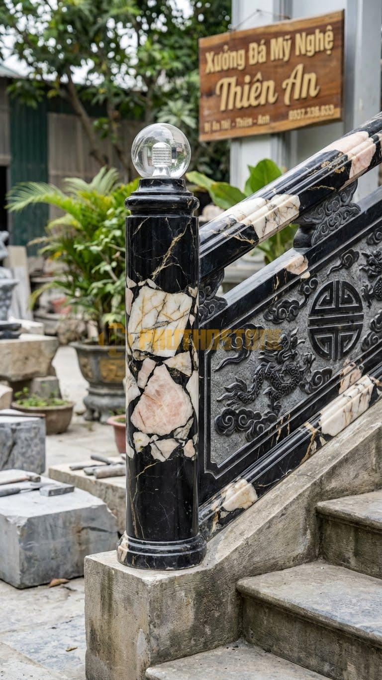 Trụ Lan Can Đá Da Báo Đèn Tròn Hiện Đại: Thân Tròn, Đầu Lắp Đèn Led Hình Cầu Thủy Tinh, Kích Thước: D.20Cm, Cao 100Cm