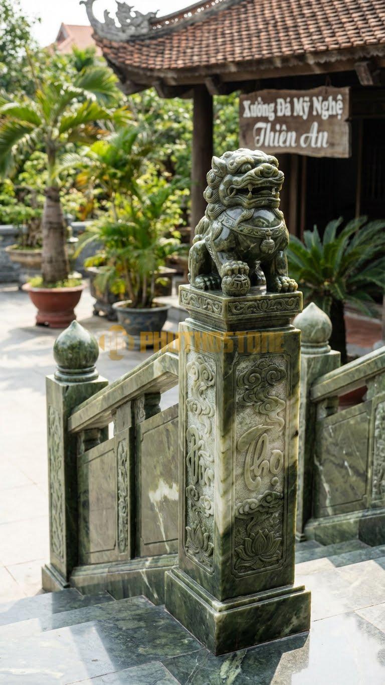 Trụ Lan Can Đá Serpentine Nghê Đá Trấn Trạch: Linh Vật Nghê Ngồi Bảo Vệ Lối Vào, Kích Thước: 35X35X130Cm