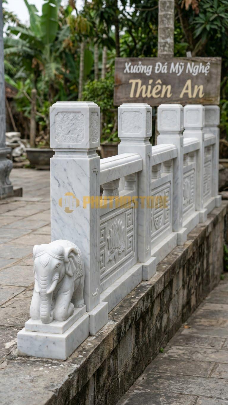 Trụ Lan Can Đá Trắng Yên Bái Voi Đá Phục: Tạc Hình Voi Quỳ, Tượng Trưng Cho Sự Yên Bình, Kích Thước: 40X25X80Cm