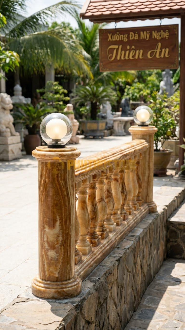 Trụ Lan Can Đá Vân Gỗ Đèn Tròn Hiện Đại: Thân Tròn, Đầu Lắp Đèn Led Hình Cầu Thủy Tinh, Kích Thước: D.20Cm, Cao 100Cm