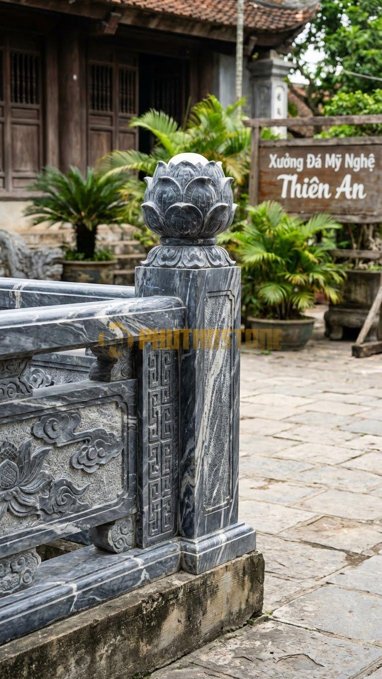 Trụ Lan Can Đá Vân Mây Đèn Hoa Sen: Đỉnh Trụ Là Đóa Sen Nở To, Bên Trong Đặt Đèn, Kích Thước: 30X30X115Cm