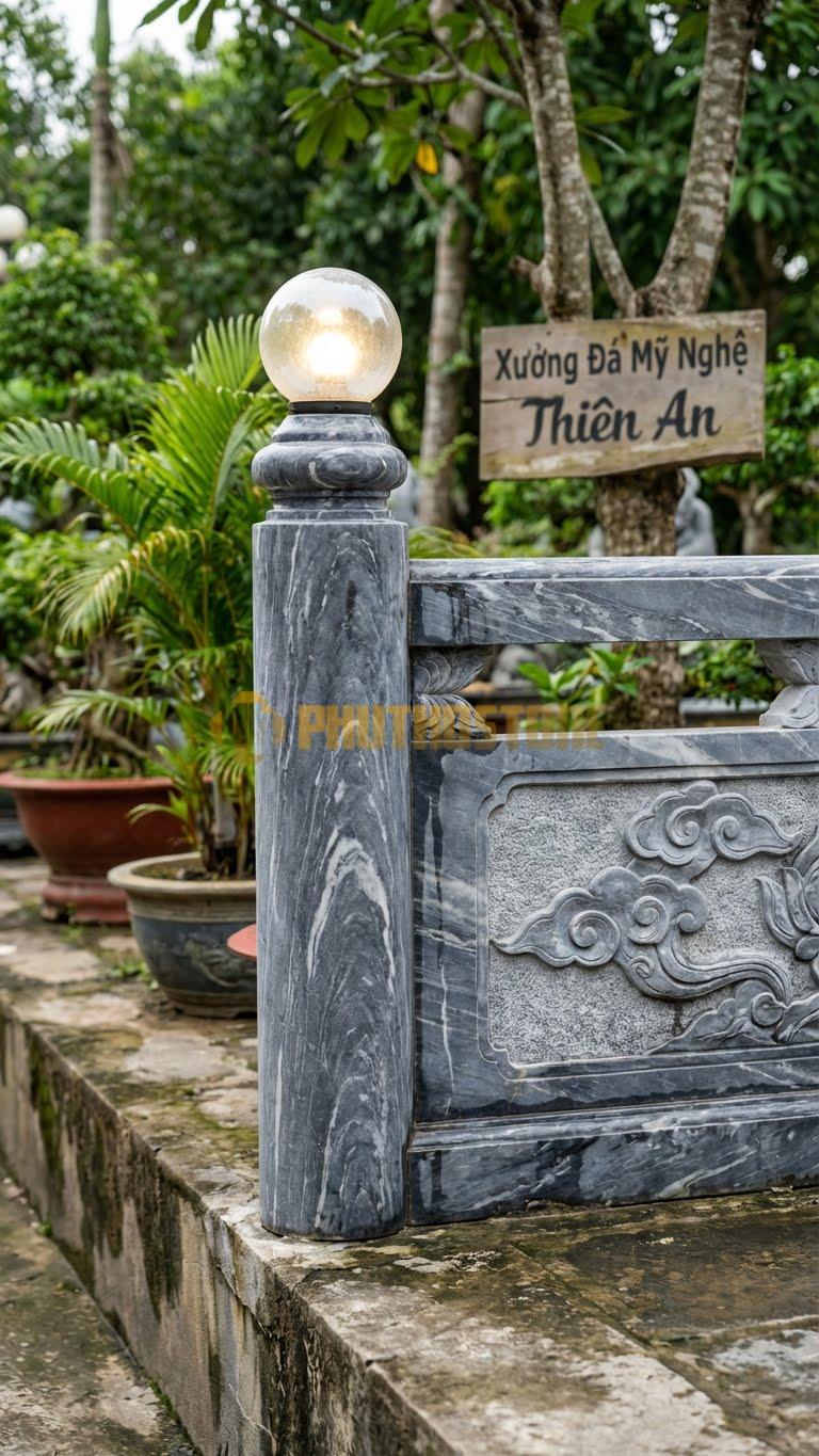 Trụ Lan Can Đá Vân Mây Đèn Tròn Hiện Đại: Thân Tròn, Đầu Lắp Đèn Led Hình Cầu Thủy Tinh, Kích Thước: D.20Cm, Cao 100Cm