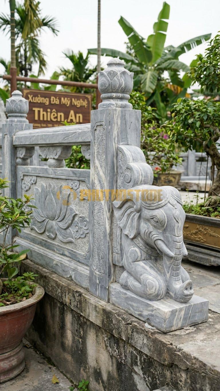 Trụ Lan Can Đá Vân Mây Voi Đá Phục: Tạc Hình Voi Quỳ, Tượng Trưng Cho Sự Yên Bình, Kích Thước: 40X25X80Cm