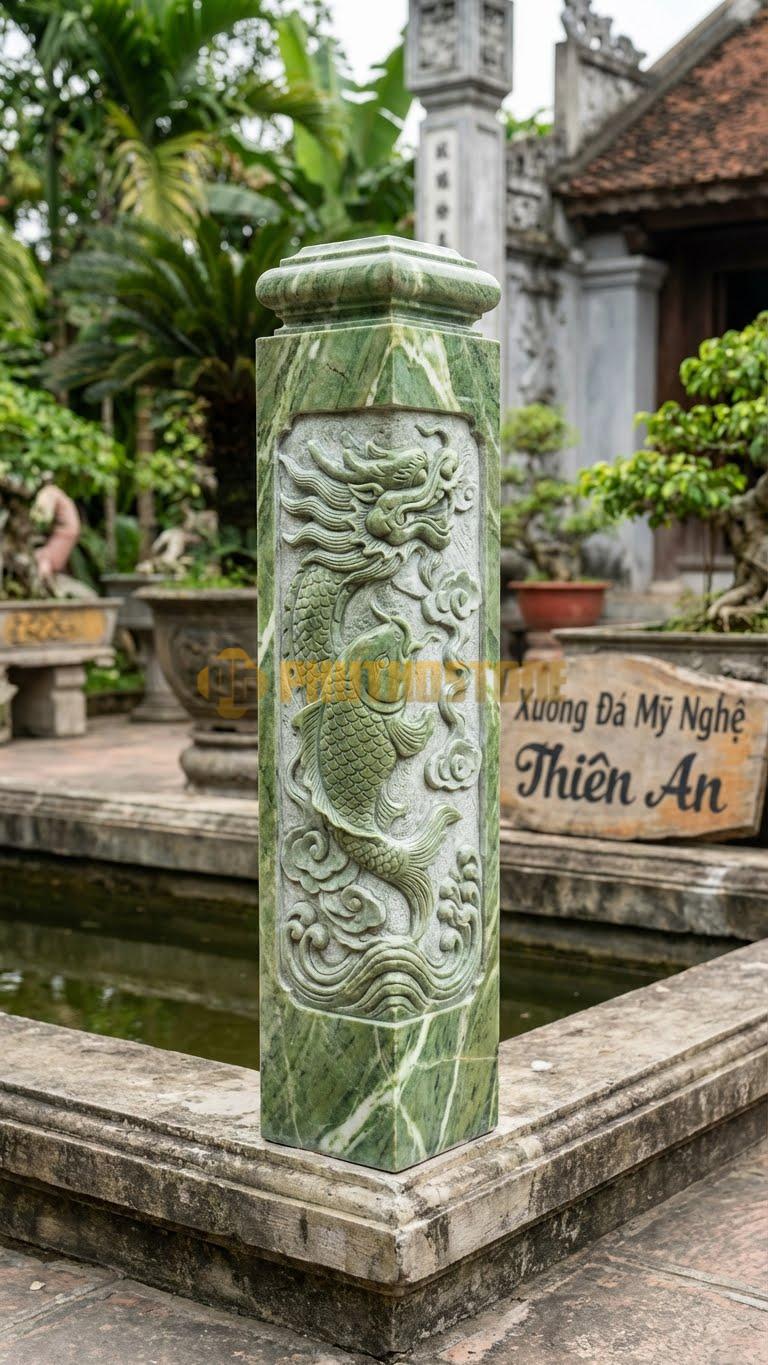 Trụ Lan Can Đá Xanh Ấn Cá Chép Hóa Rồng: Hình Tượng Cá Chép Vươn Lên, Đặt Ở Góc Hồ, Kích Thước: 25X25X110Cm