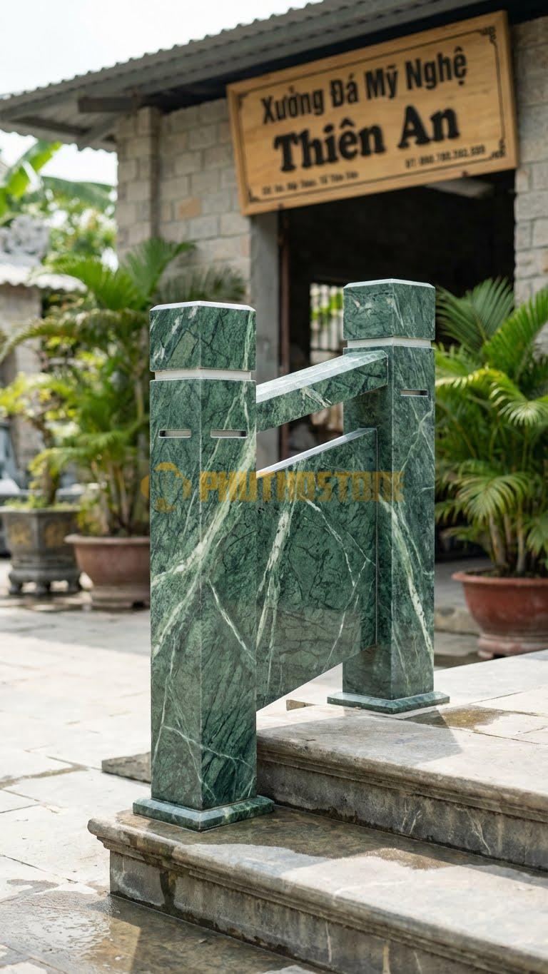 Trụ Lan Can Đá Xanh Ấn Đèn Vuông Minimal: Chỉ Có Các Khe Hở Ngang Hẹp Để Ánh Sáng Thoát Ra, Kích Thước: 20X20X90Cm