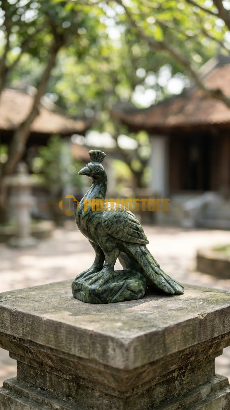 Tượng Chim Khổng Tước Đá Serpentine Mini
