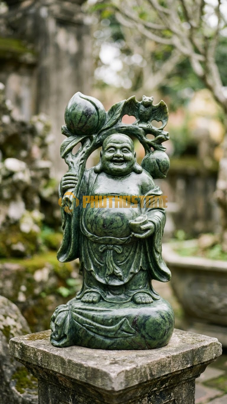 Tượng Di Lặc Vác Đào Đá Serpentine, dơi, Phúc, đậu trên cành đào
