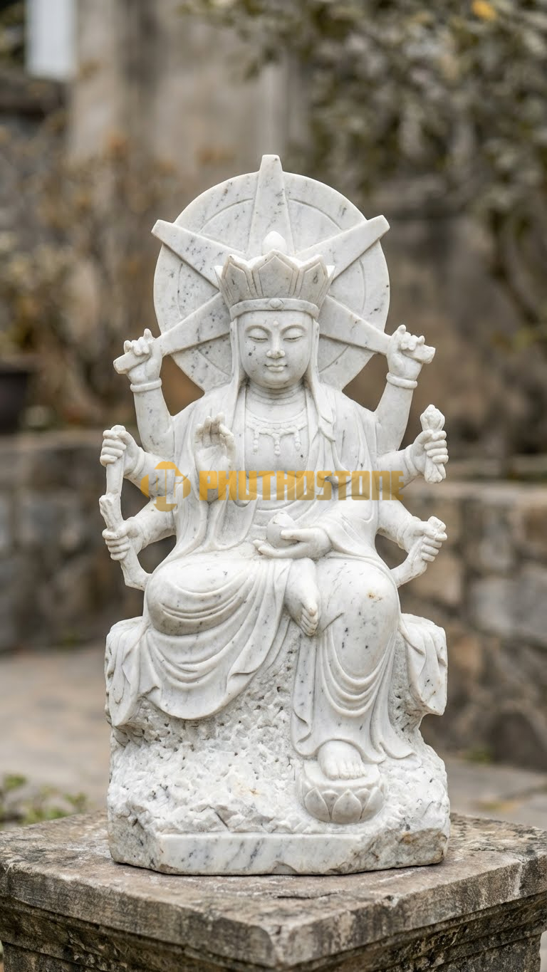 Tượng Địa Tạng 6 Tay Đá Trắng Muối Nghệ An, hào quang 6 tia sáng