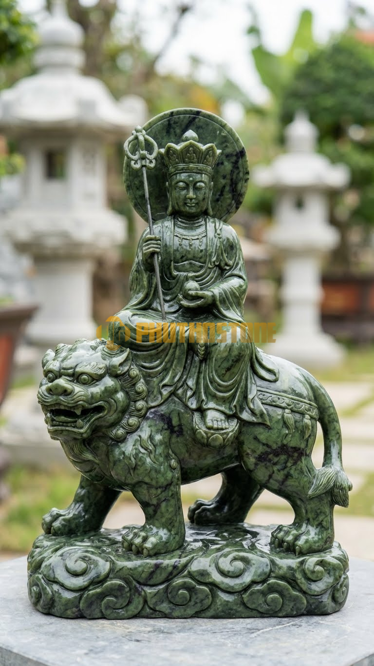 Tượng Địa Tạng Cưỡi Đề Thính Đá Serpentine, đế chạm mây cuộn