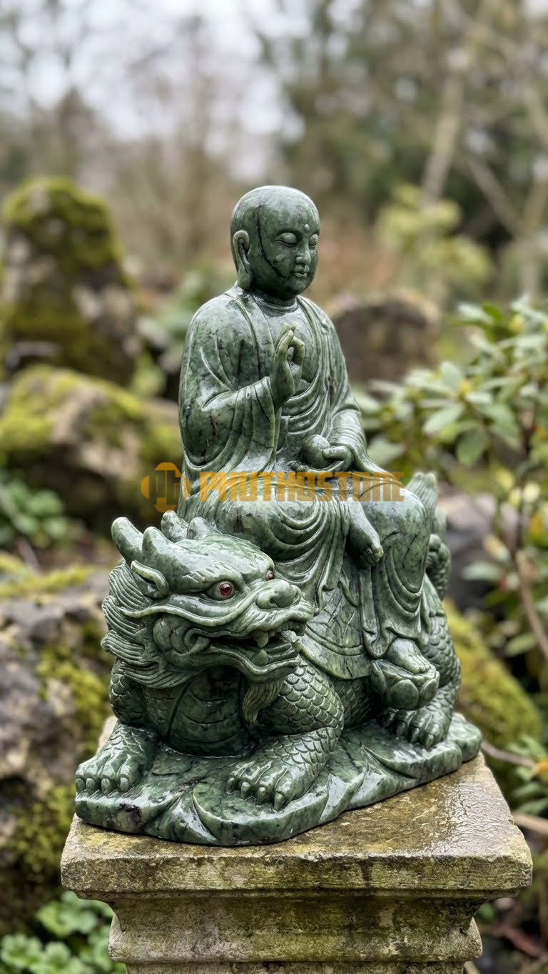 Tượng Địa Tạng Cưỡi Đề Thính Đá Serpentine xanh ngọc, mắt thú điểm đá đỏ