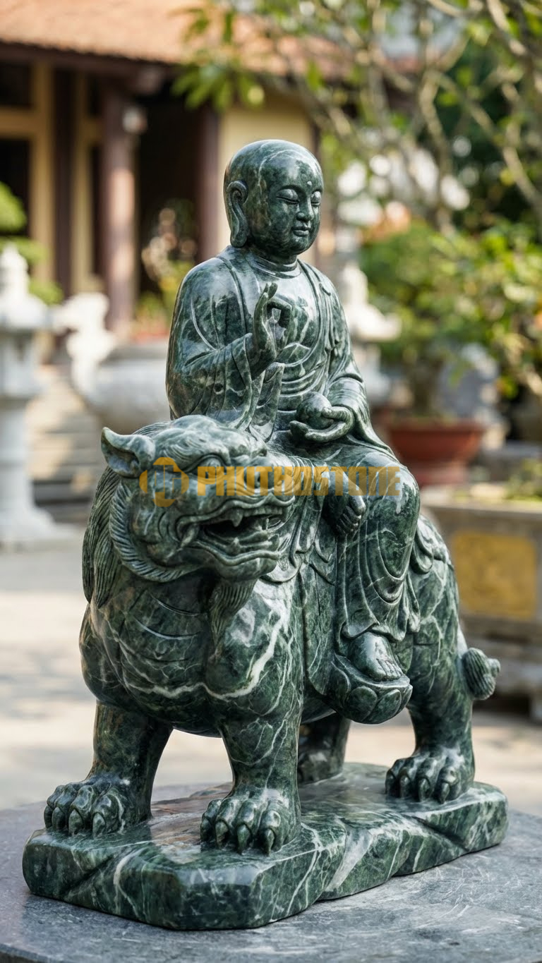 Tượng Địa Tạng Cưỡi Đề Thính Đá Xanh Ấn Độ, chạm khắc móng vuốt thú sắc sảo
