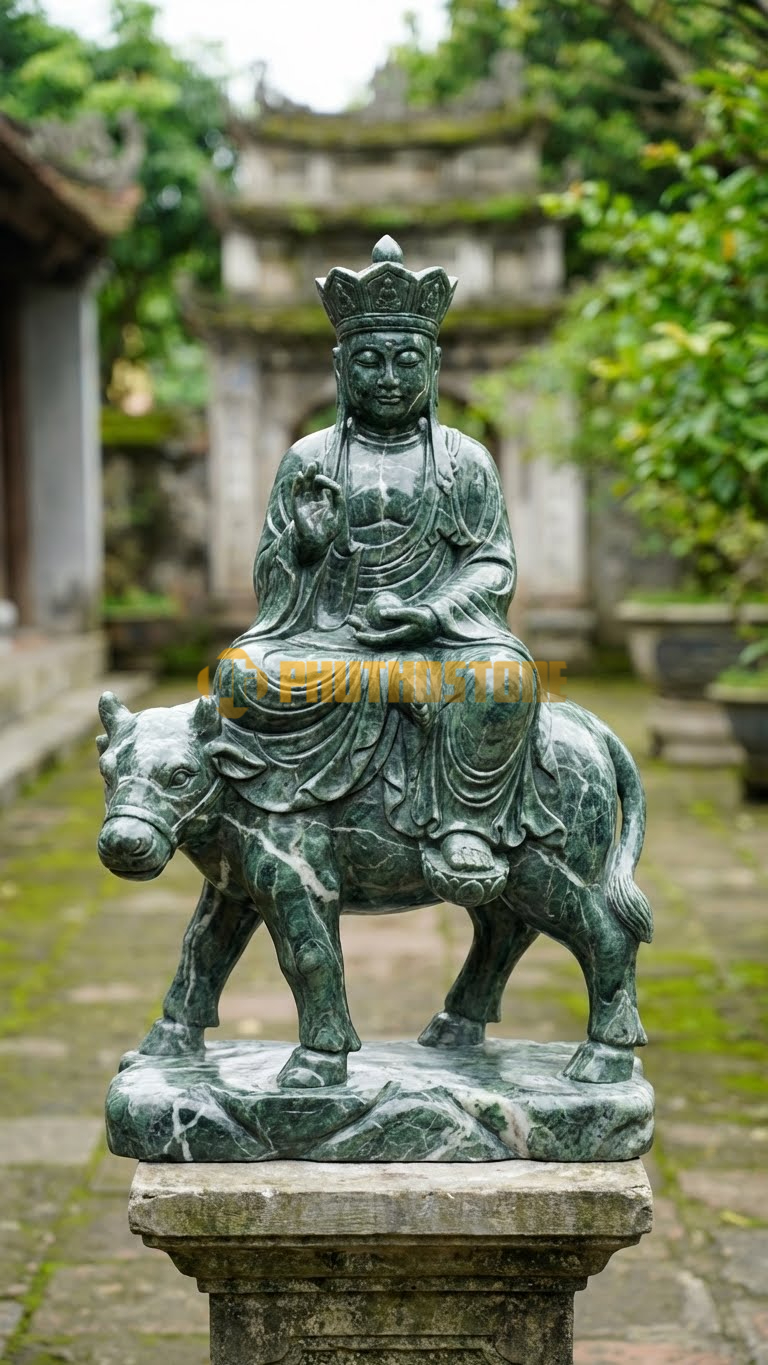 Tượng Địa Tạng Cưỡi Đề Thính Đá Xanh Ấn Độ, đánh bóng gương toàn bộ tượng