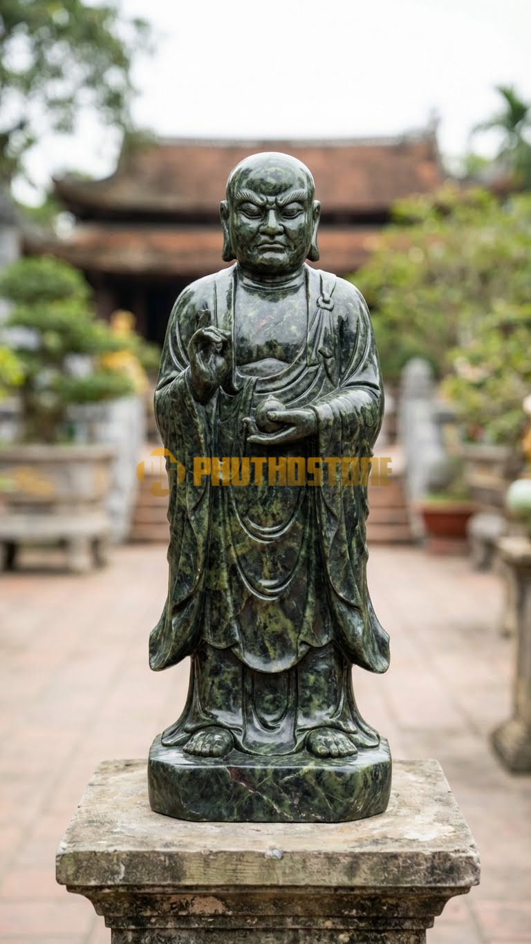 Tượng Địa Tạng Cứu Độ Đá Serpentine, sắc mặt nghiêm nghị, cương quyết