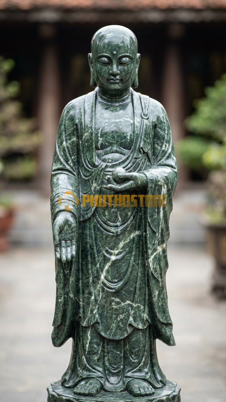 Tượng Địa Tạng Cứu Độ Đá Xanh Ấn Độ, tay đưa xuống dưới như kéo chúng sinh lên