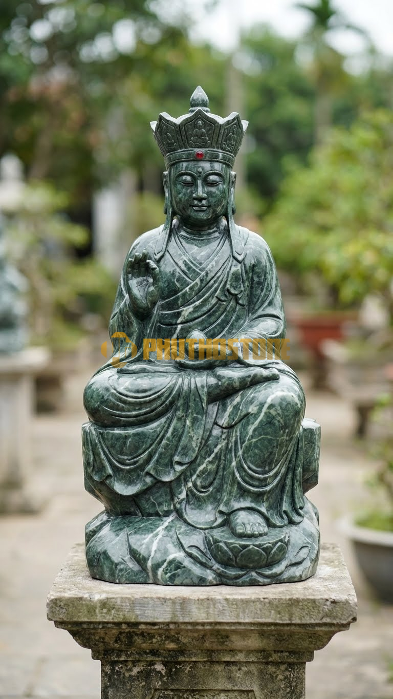 Tượng Địa Tạng Vương Giả Đá Xanh Ấn Độ, phối đá đỏ ở trán mũ, ngọc xá lợi,