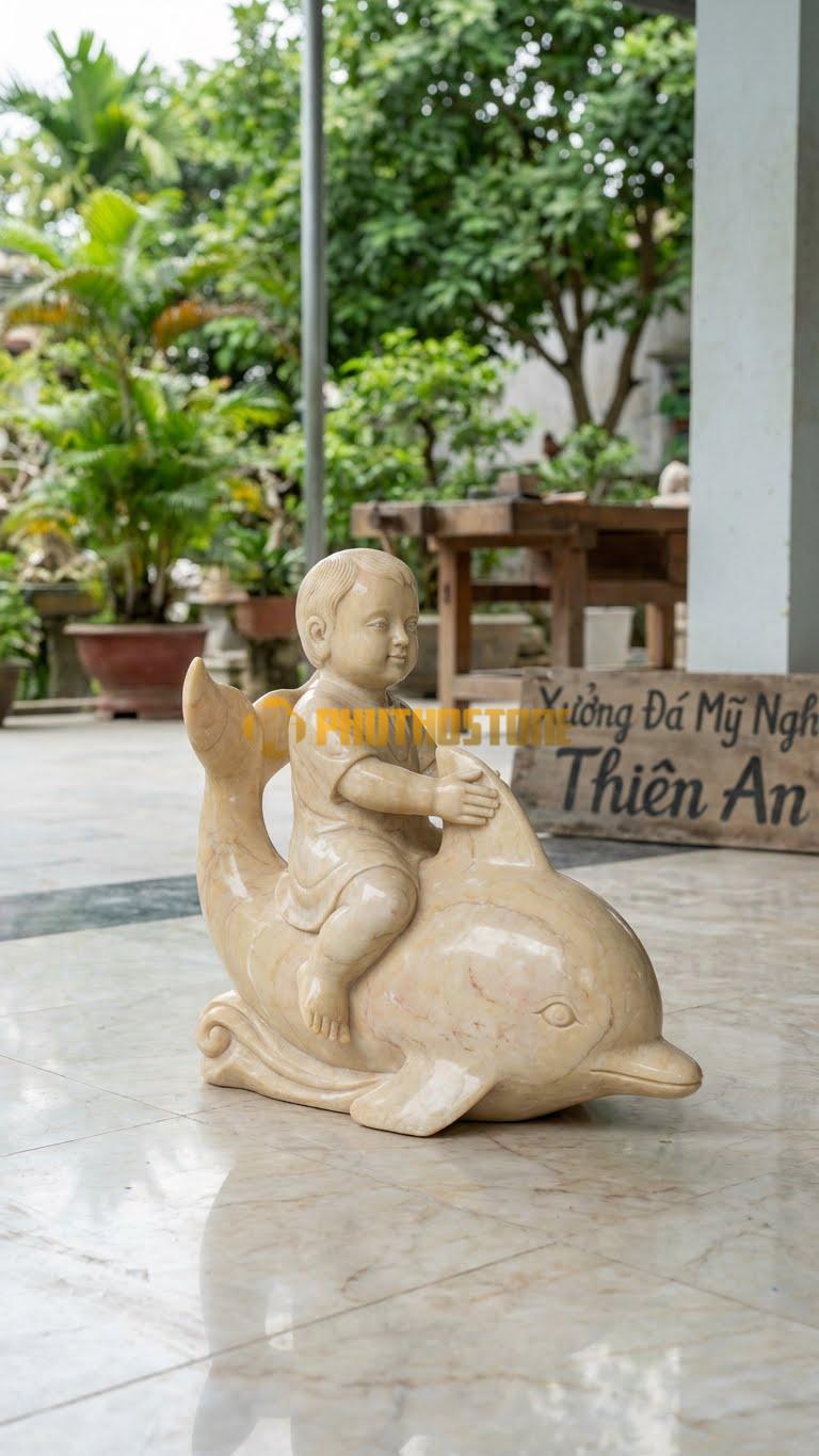 Tượng Đá Em Bé Ôm Cá/Ôm Thú Cưng