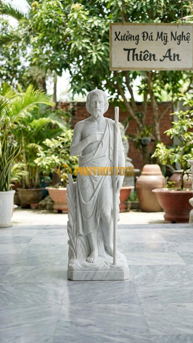 Tượng Gioan Đứng Trong Bụi Lau Sậy – Đá Trắng Vân Mây – Cao 1M5