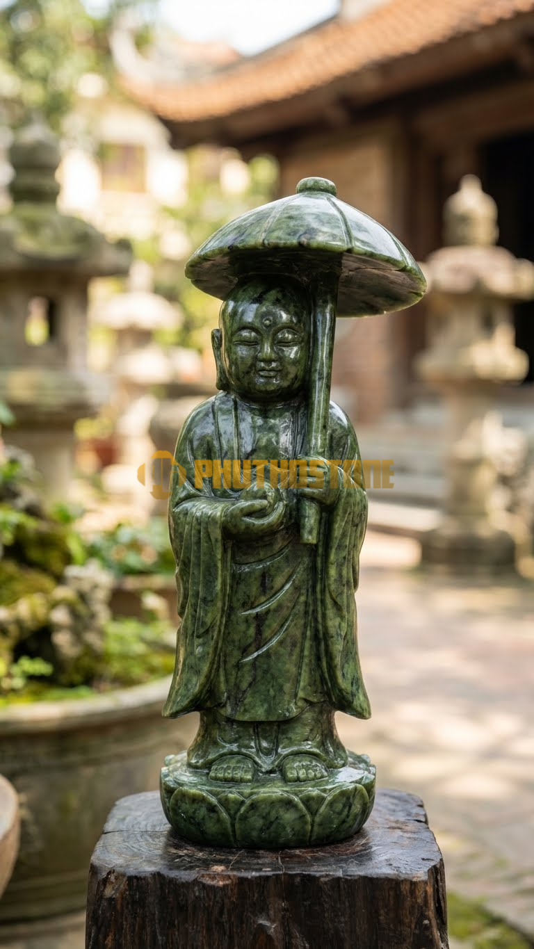 Tượng Jizo Cầm Ô Đá Serpentine, có đế gỗ kê dưới
