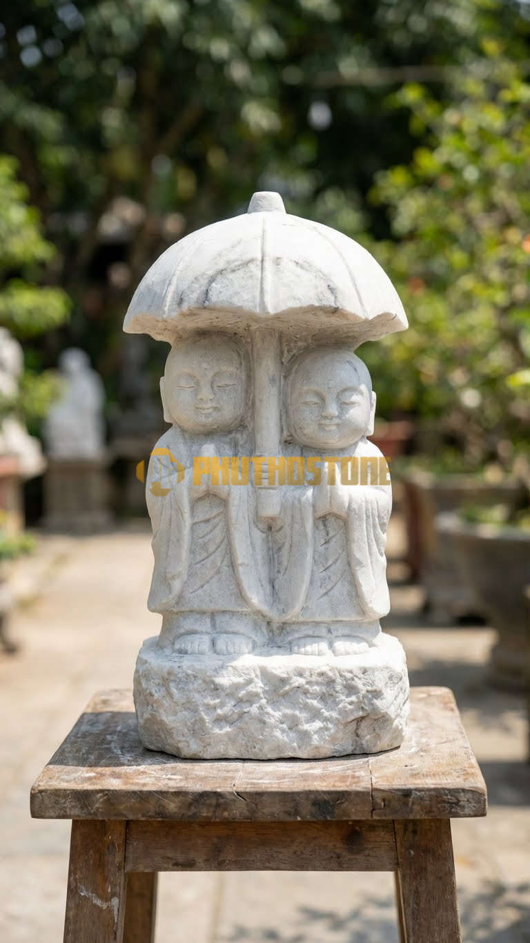 Tượng Jizo Cầm Ô Đá Trắng Muối Nghệ An, tượng đôi 2 chú che chung ô