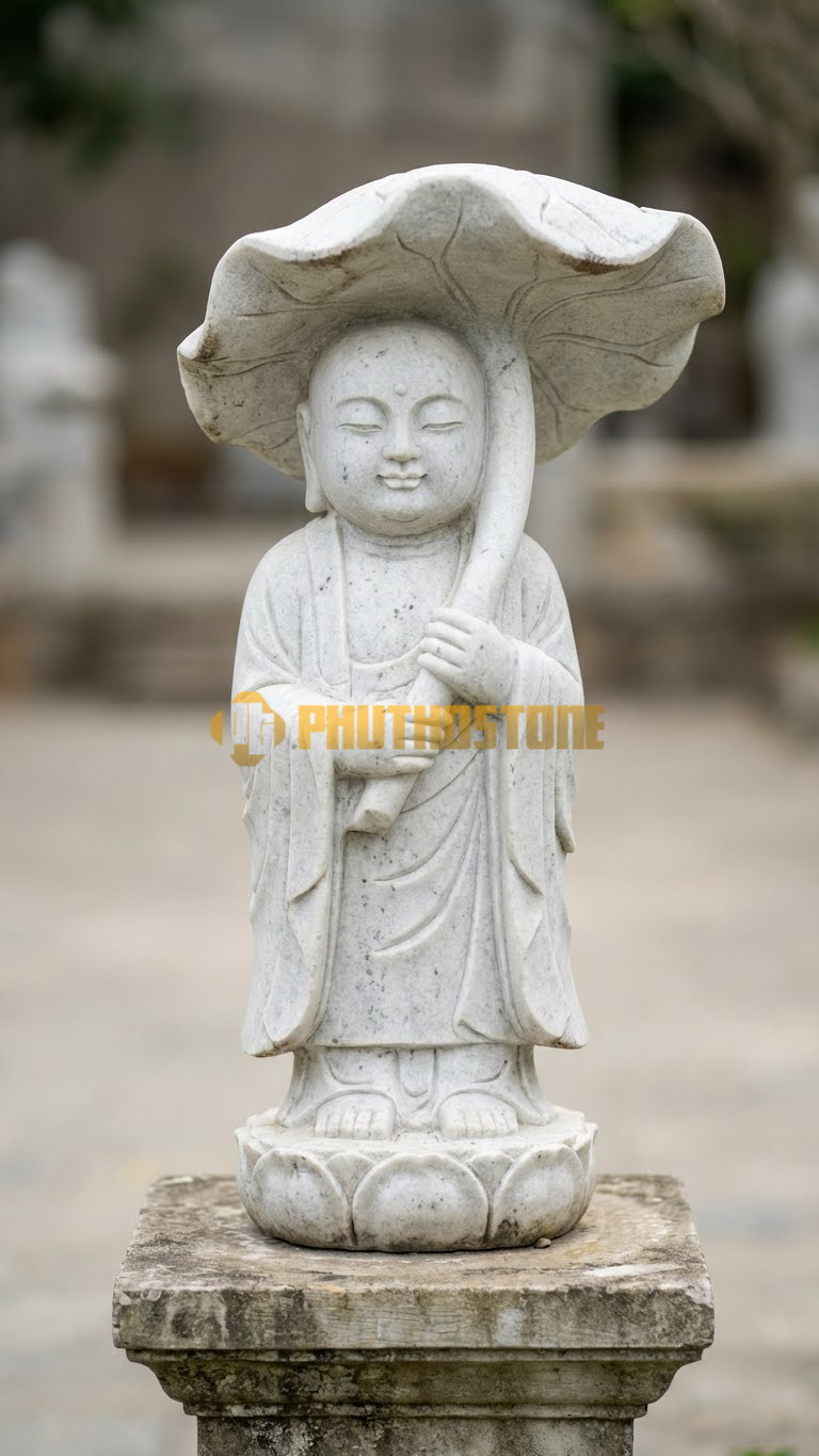 Tượng Jizo Cầm Ô Đá Trắng Yên Bái, ô lá sen đá