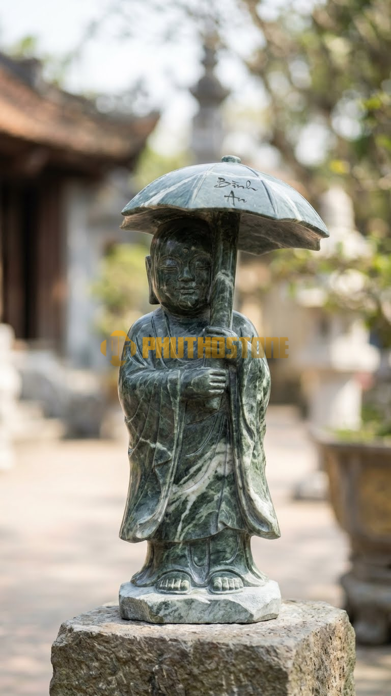 Tượng Jizo Cầm Ô Đá Xanh Ấn Độ, khắc chữ ‘Bình An’ lên ô