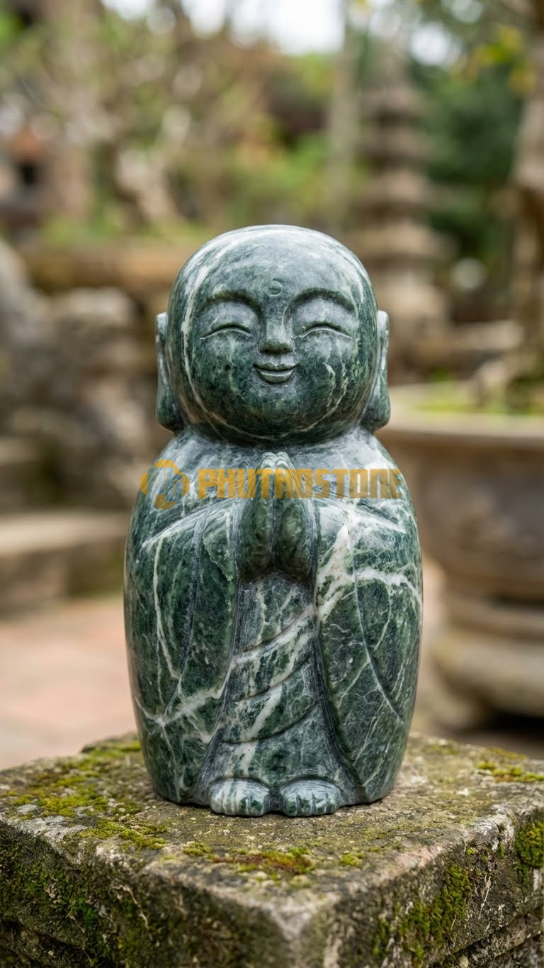 Tượng Jizo Nhật Bản Đá Cuội/Đá Xanh Ấn Độ thô, dáng tròn trịa dễ thương