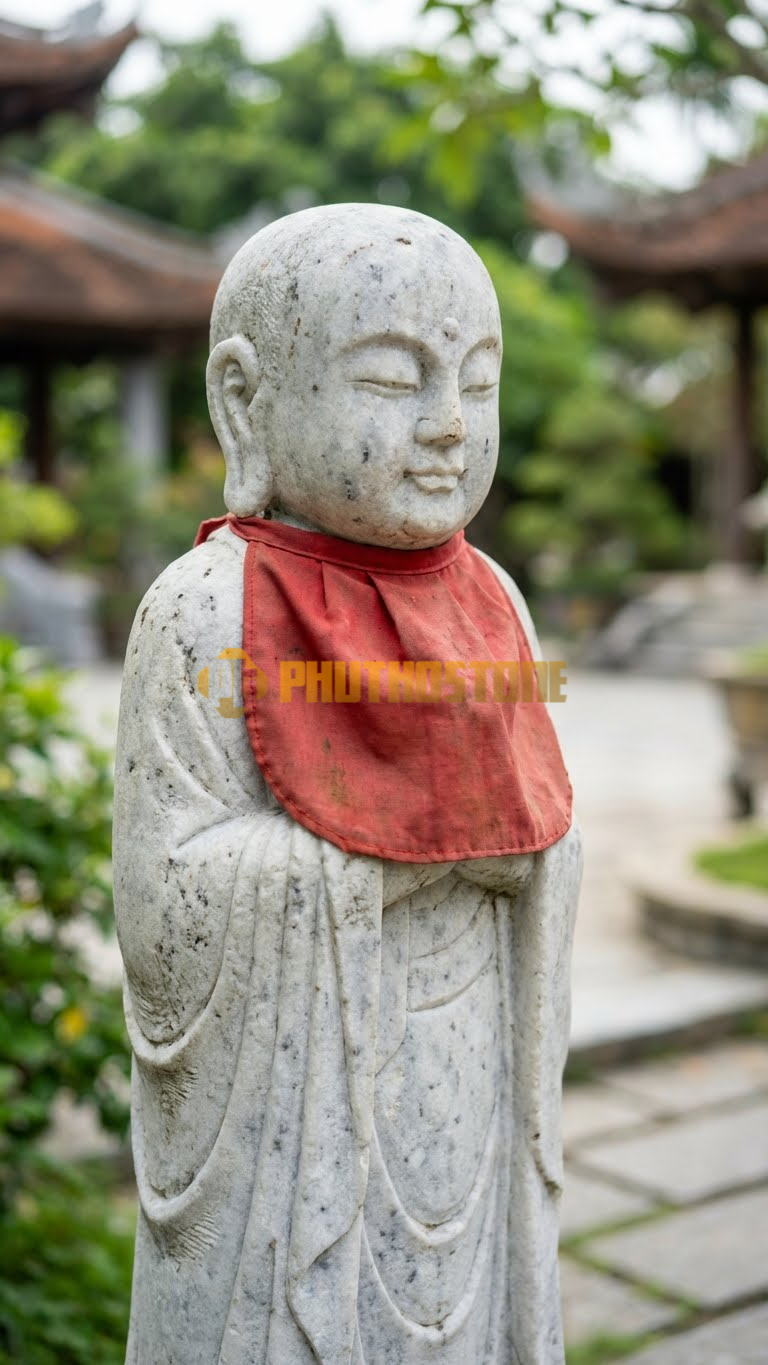 Tượng Jizo Nhật Bản Đá Trắng Yên Bái, đeo yếm đỏ, vải thật hoặc sơn,