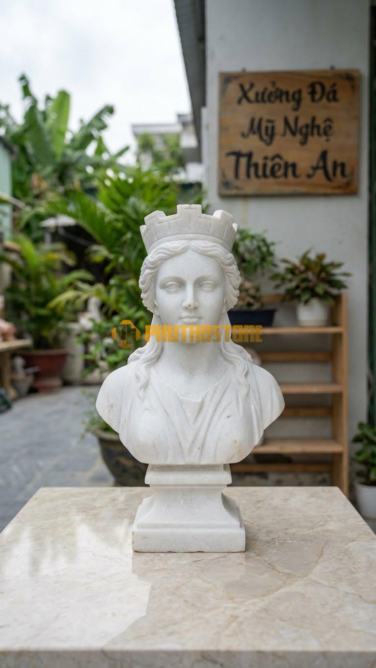 Tượng Nữ Thần May Mắn Đá Trắng Muối Bán Thân Fortuna Đội Vương Miện Tường Thành (Mural Crown) – Cao 45Cm X Rộng 25Cm.